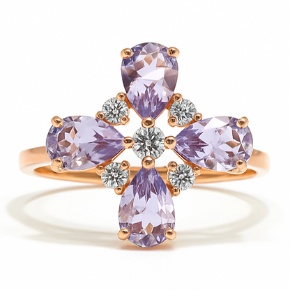 1.28 Ct Pear Purple Amethyst and White Topaz Prong Silver Four Leaf Clover Ring