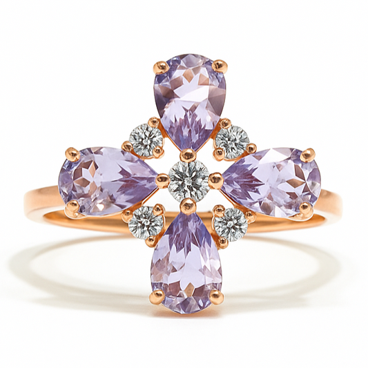 1.28 Ct Pear Purple Amethyst and White Topaz Prong Silver Four Leaf Clover Ring