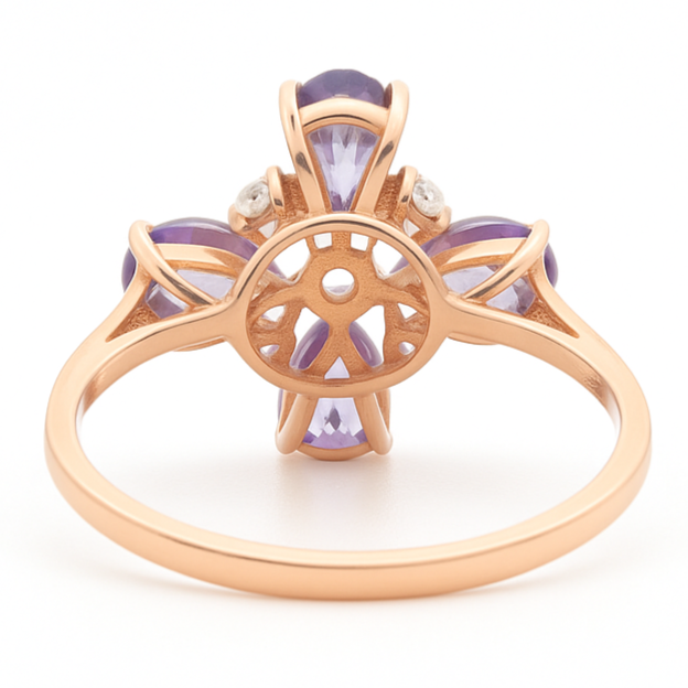 1.28 Ct Pear Purple Amethyst and White Topaz Prong Silver Four Leaf Clover Ring