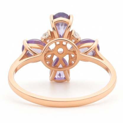 1.28 Ct Pear Purple Amethyst and White Topaz Prong Silver Four Leaf Clover Ring
