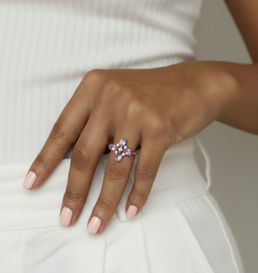 1.28 Ct Pear Purple Amethyst and White Topaz Prong Silver Four Leaf Clover Ring