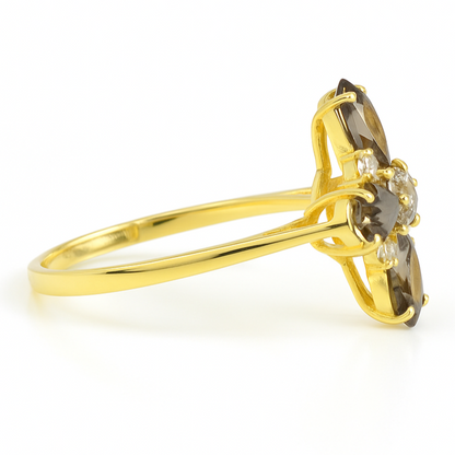 Natural Smoky Quartz Silver Leaf Clover Ring