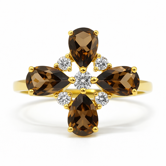 Natural Smoky Quartz Silver Leaf Clover Ring