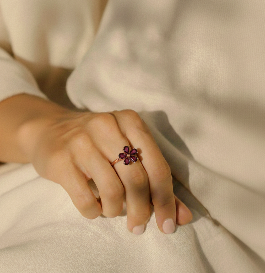 2.15 Ct Pear Red Garnet Prong Silver Flower Ring