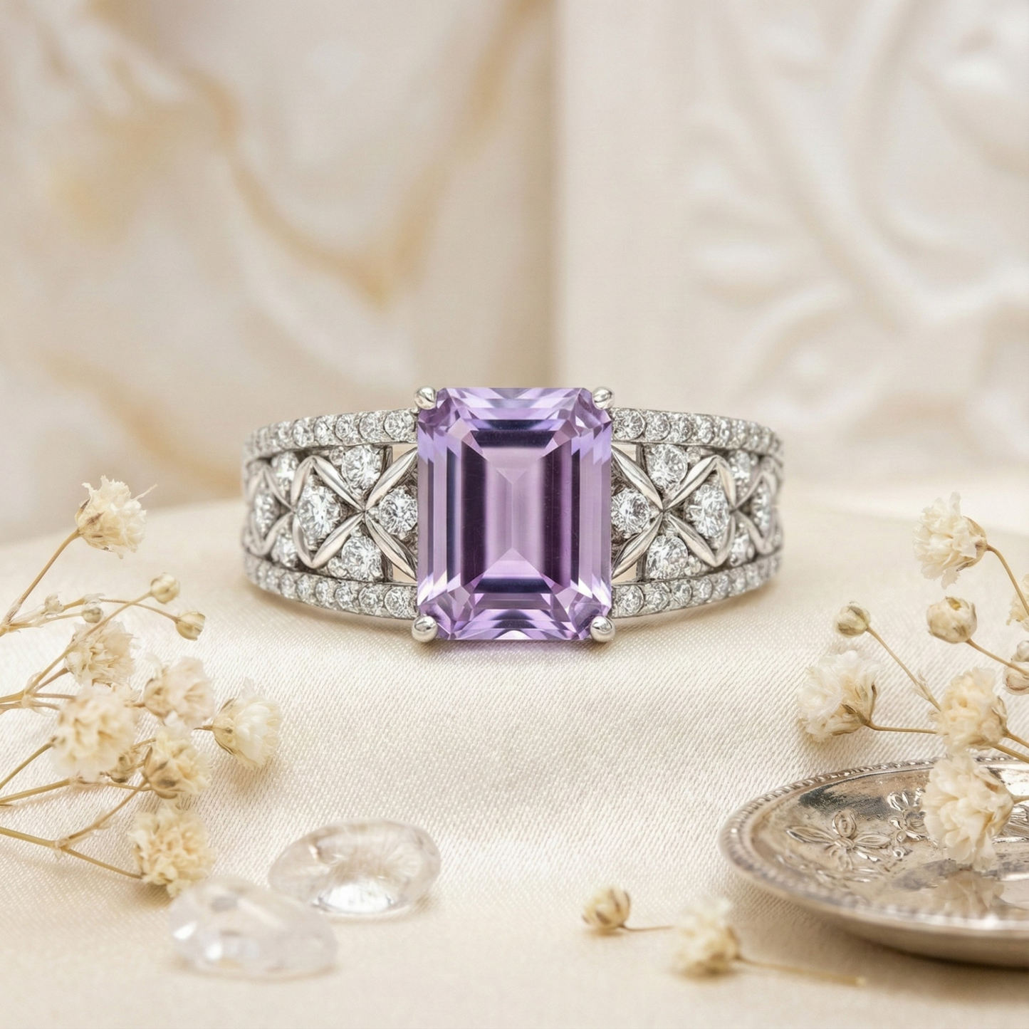 1.66 Ct Octagon Purple Amethyst and White Topaz Prong Silver Statement Ring