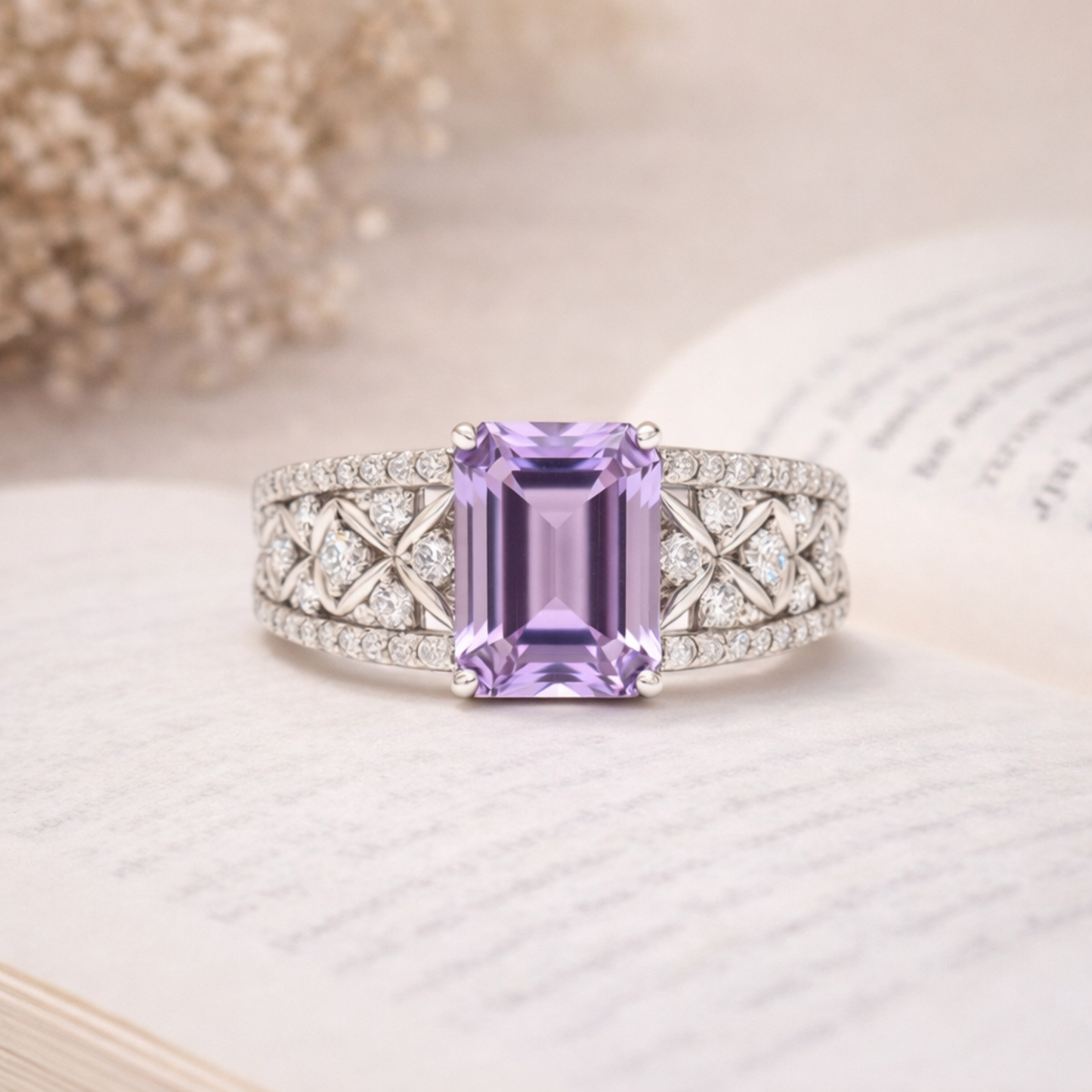 1.66 Ct Octagon Purple Amethyst and White Topaz Prong Silver Statement Ring