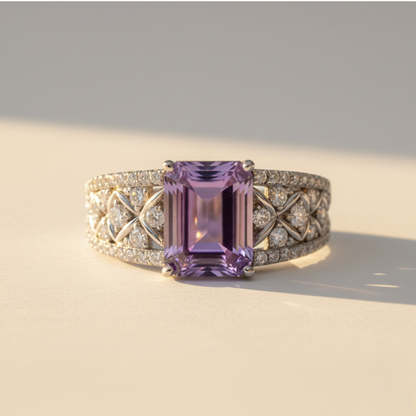 1.66 Ct Octagon Purple Amethyst and White Topaz Prong Silver Statement Ring