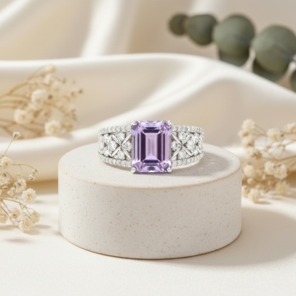 1.66 Ct Octagon Purple Amethyst and White Topaz Prong Silver Statement Ring