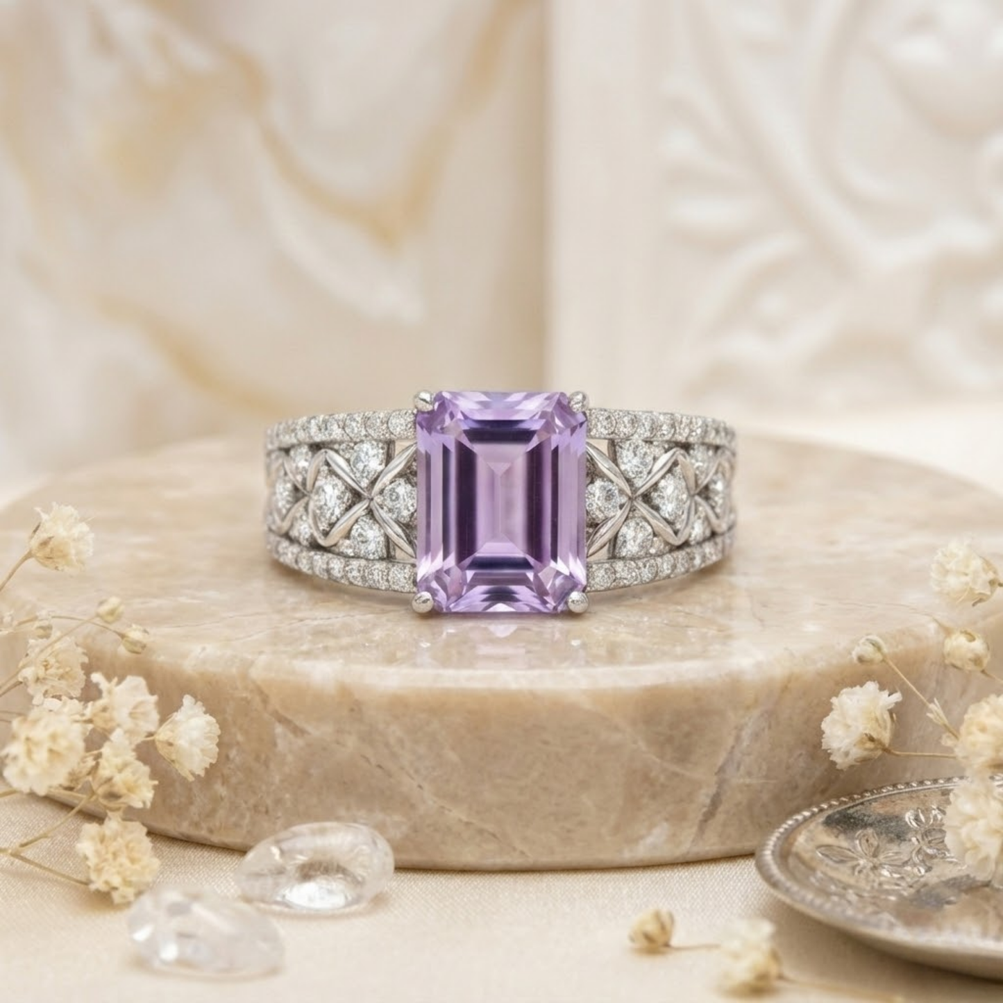 1.66 Ct Octagon Purple Amethyst and White Topaz Prong Silver Statement Ring