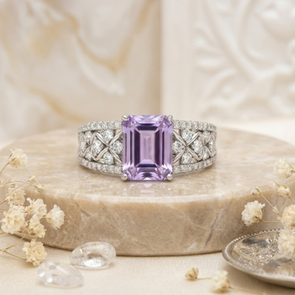 1.66 Ct Octagon Purple Amethyst and White Topaz Prong Silver Statement Ring