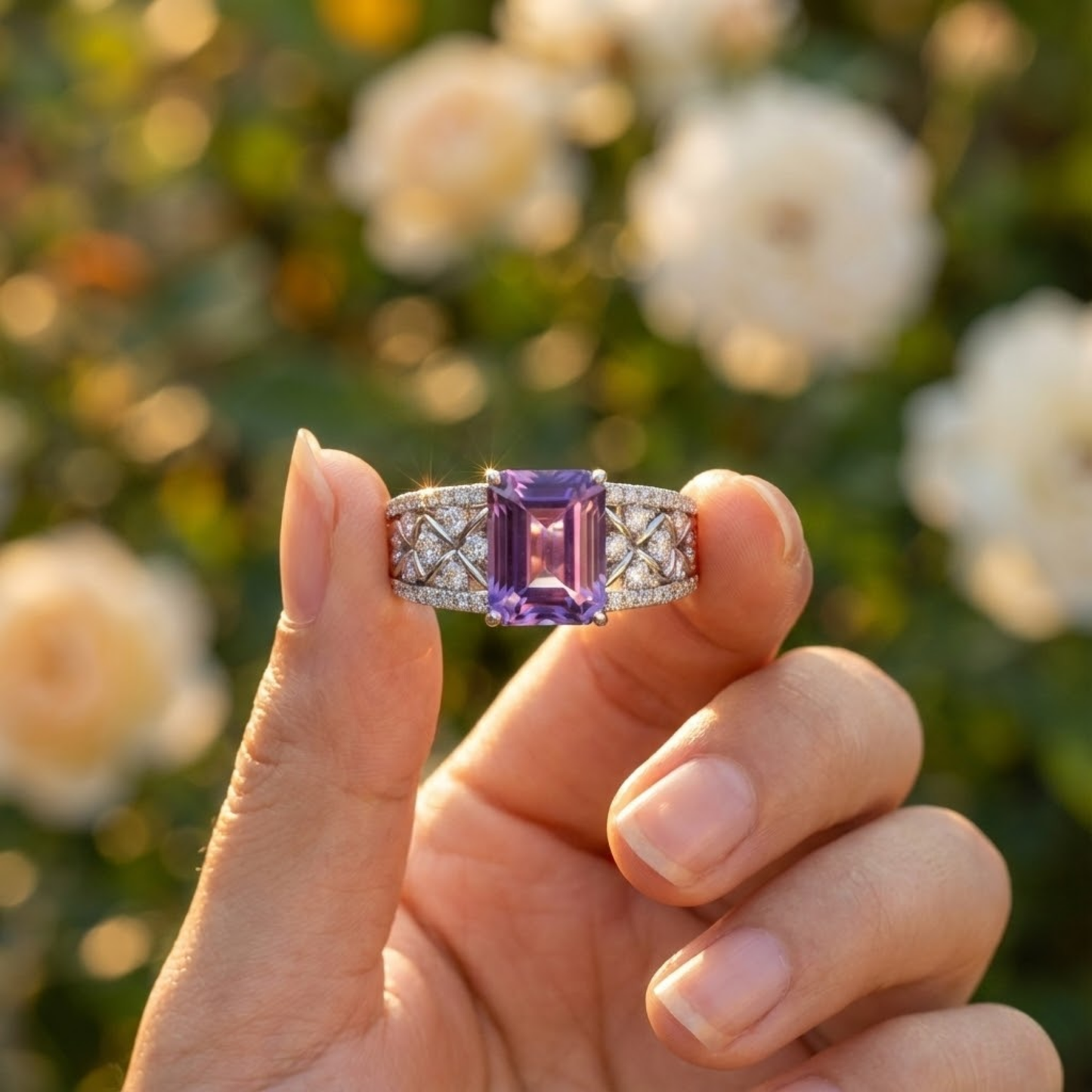 1.66 Ct Octagon Purple Amethyst and White Topaz Prong Silver Statement Ring