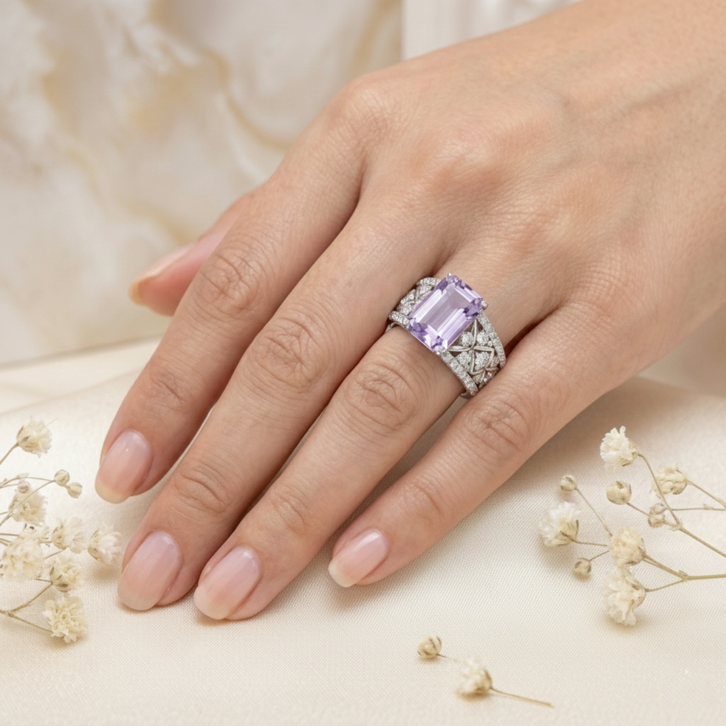 1.66 Ct Octagon Purple Amethyst and White Topaz Prong Silver Statement Ring