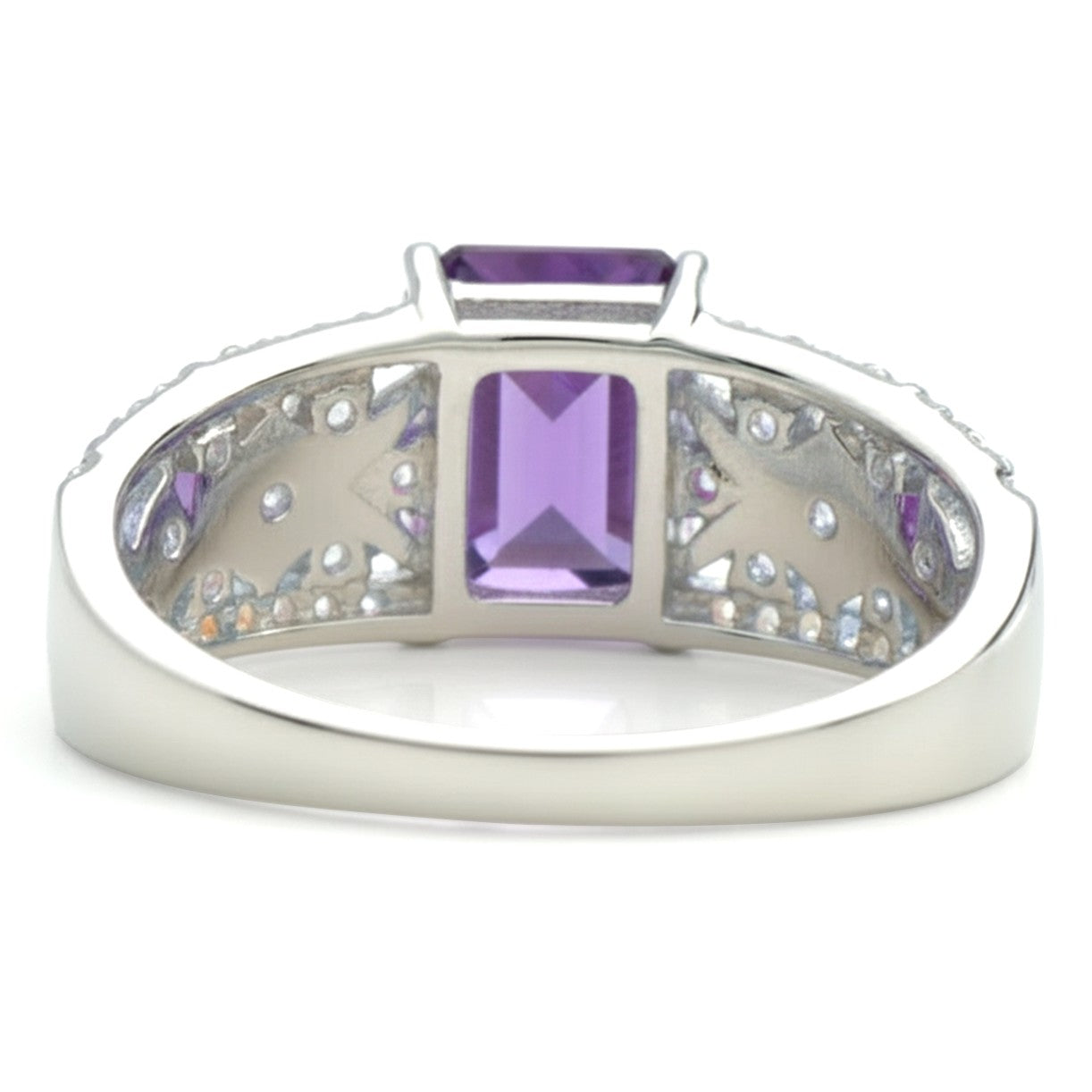 1.66 Ct Octagon Purple Amethyst and White Topaz Prong Silver Statement Ring