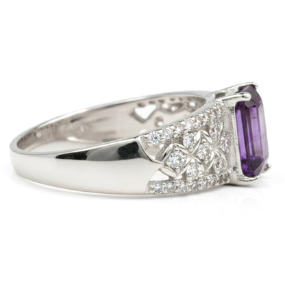 1.66 Ct Octagon Purple Amethyst and White Topaz Prong Silver Statement Ring