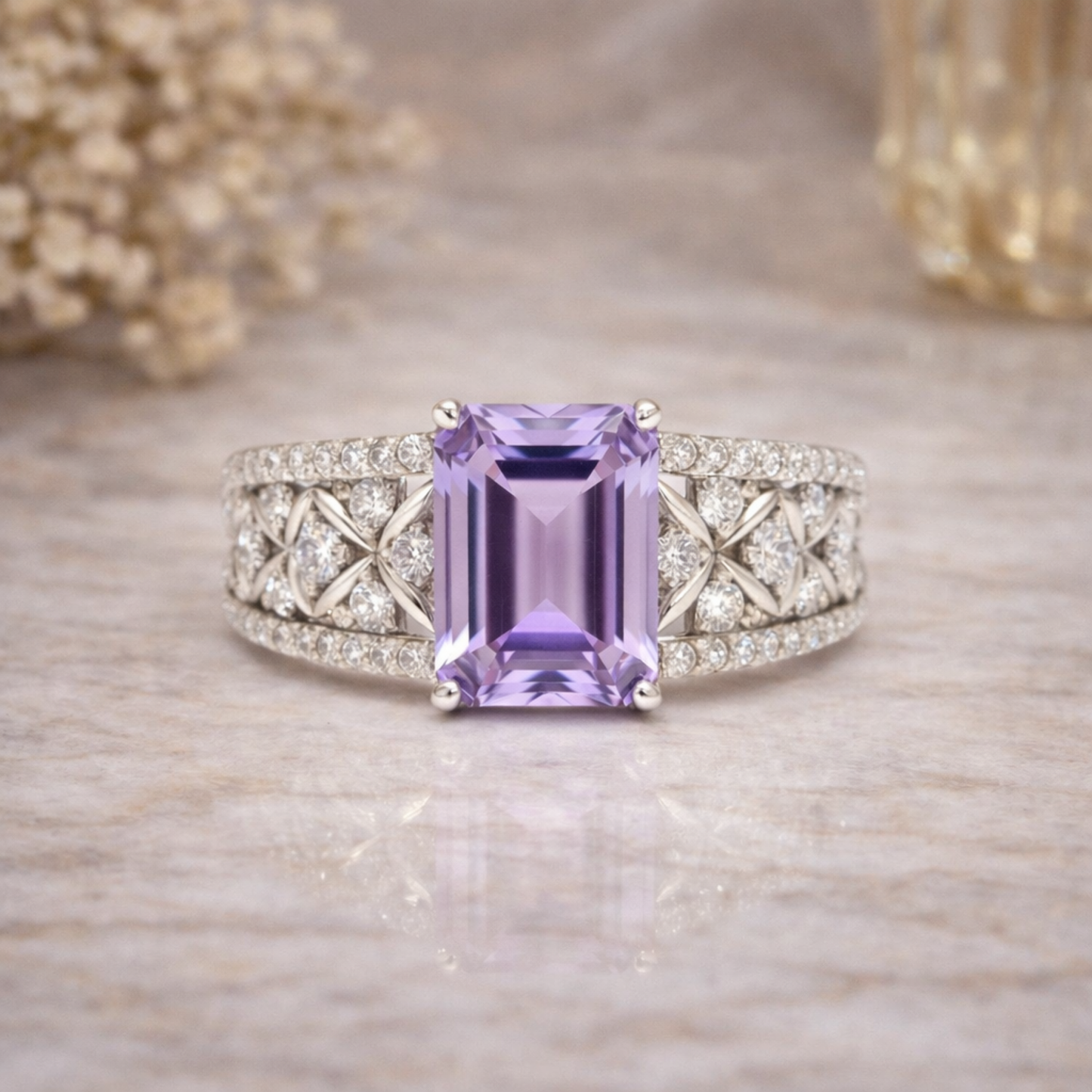 1.66 Ct Octagon Purple Amethyst and White Topaz Prong Silver Statement Ring