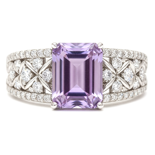 1.66 Ct Octagon Purple Amethyst and White Topaz Prong Silver Statement Ring