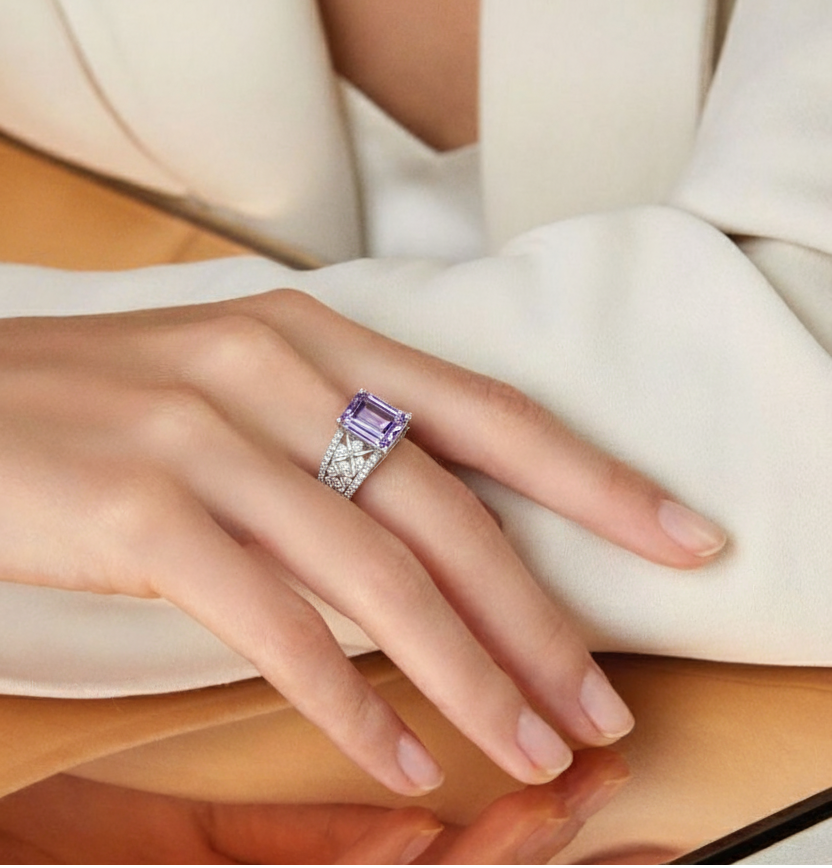 1.66 Ct Octagon Purple Amethyst and White Topaz Prong Silver Statement Ring