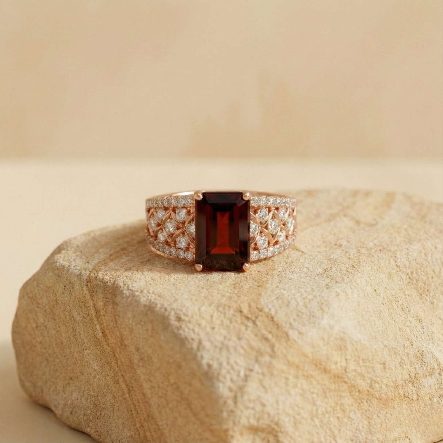 1.55 Ct Emerald Red Garnet and White Topaz Prong Silver Cocktail Ring