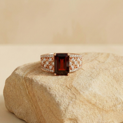 1.55 Ct Emerald Red Garnet and White Topaz Prong Silver Cocktail Ring