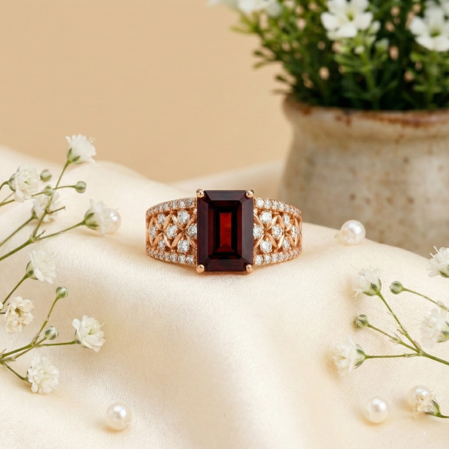 1.55 Ct Emerald Red Garnet and White Topaz Prong Silver Cocktail Ring
