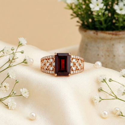 1.55 Ct Emerald Red Garnet and White Topaz Prong Silver Cocktail Ring