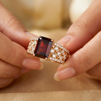 1.55 Ct Emerald Red Garnet and White Topaz Prong Silver Cocktail Ring