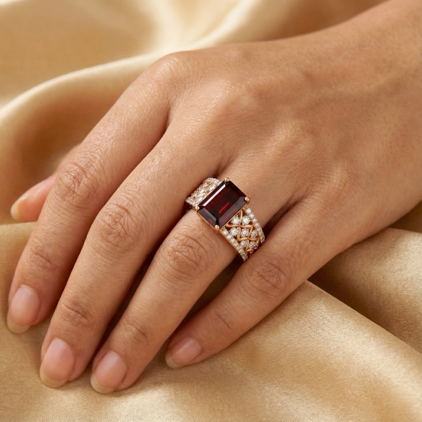 1.55 Ct Emerald Red Garnet and White Topaz Prong Silver Cocktail Ring
