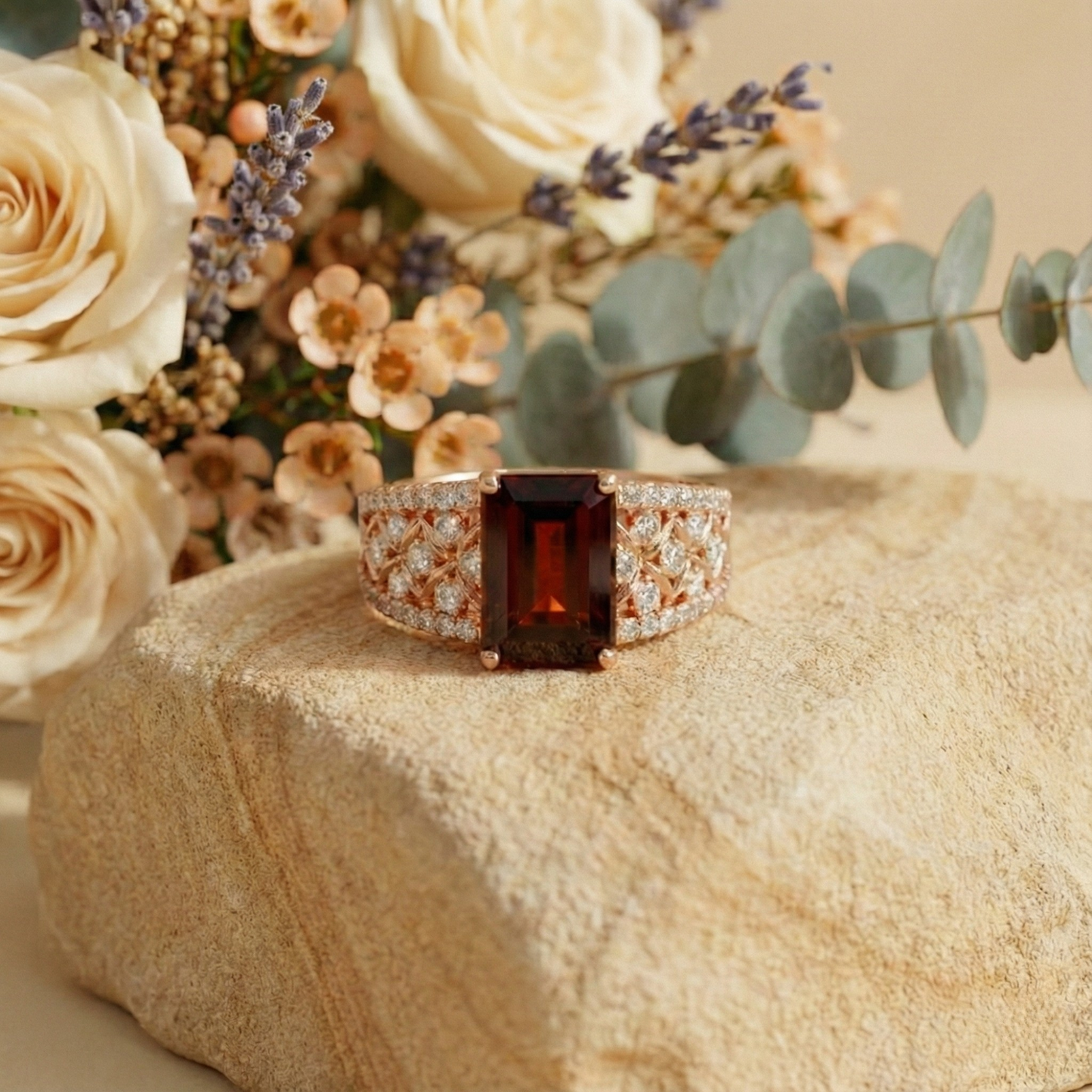 1.55 Ct Emerald Red Garnet and White Topaz Prong Silver Cocktail Ring