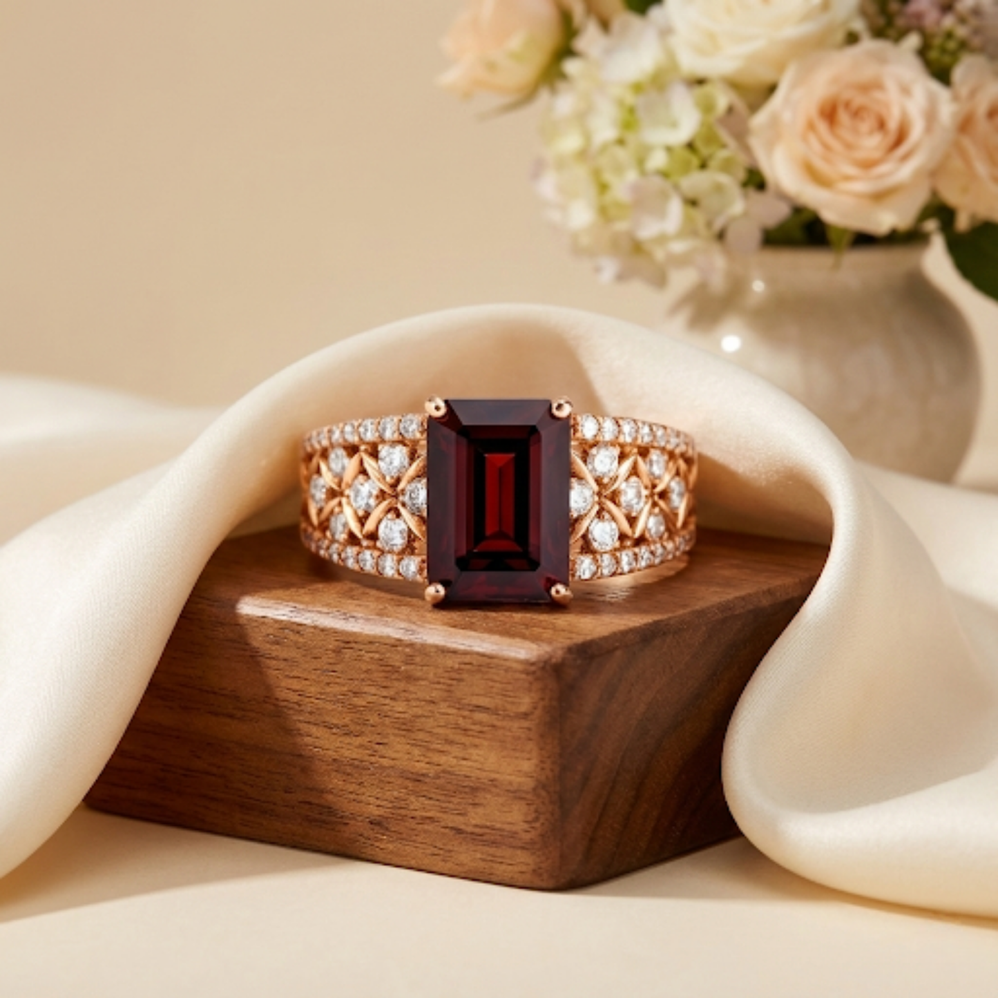 1.55 Ct Emerald Red Garnet and White Topaz Prong Silver Cocktail Ring