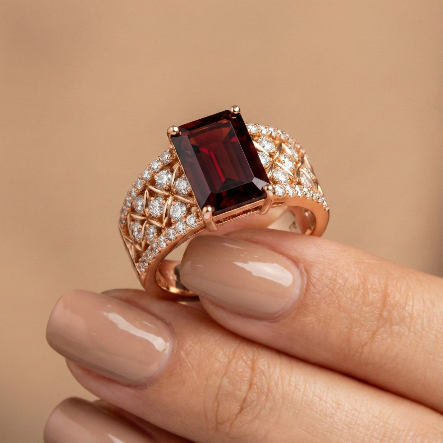 1.55 Ct Emerald Red Garnet and White Topaz Prong Silver Cocktail Ring