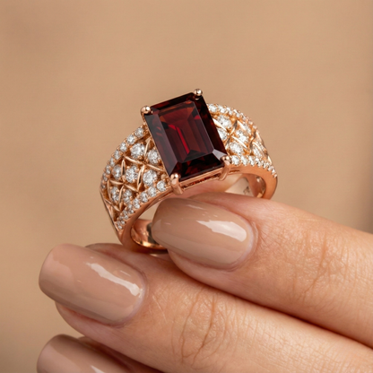 1.55 Ct Emerald Red Garnet and White Topaz Prong Silver Cocktail Ring