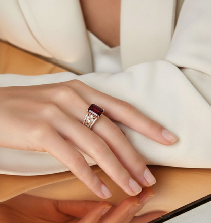 1.55 Ct Emerald Red Garnet and White Topaz Prong Silver Cocktail Ring