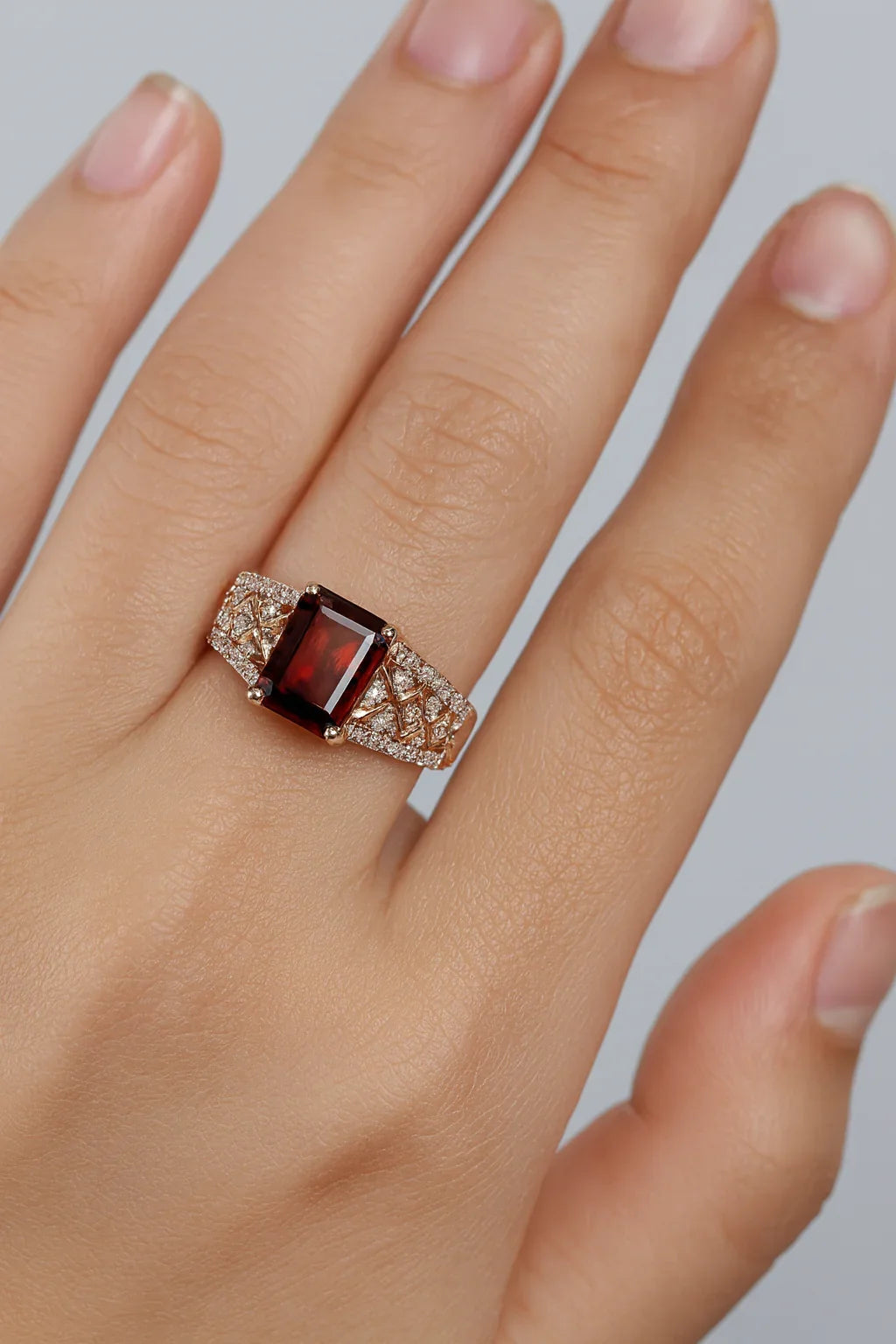 1.55 Ct Emerald Red Garnet and White Topaz Prong Silver Cocktail Ring