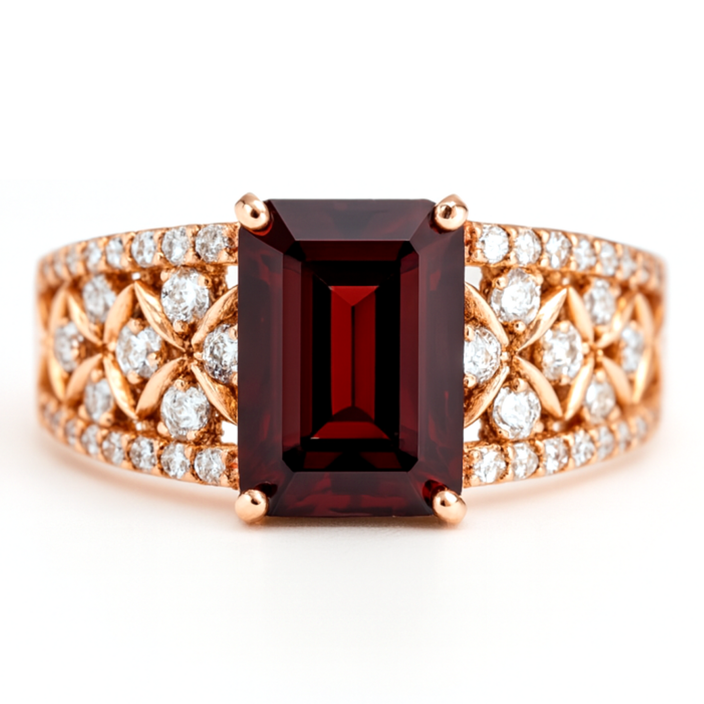 1.55 Ct Emerald Red Garnet and White Topaz Prong Silver Cocktail Ring