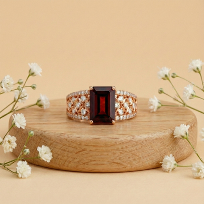 1.55 Ct Emerald Red Garnet and White Topaz Prong Silver Cocktail Ring