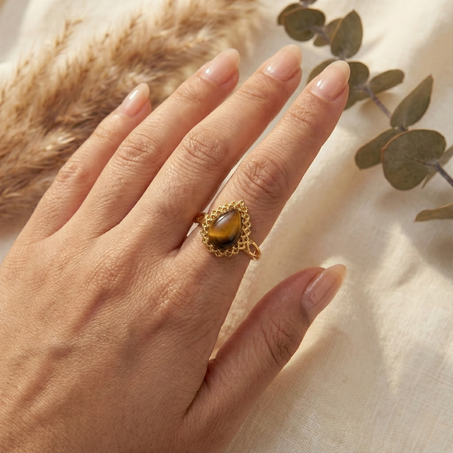 Golden Tigers Eye Pear Shaped Silver Ring