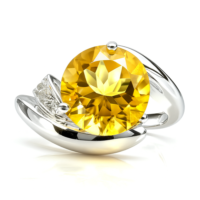 3.16 Ct Round Yellow Citrine and White Topaz Prong Silver Bypass Ring