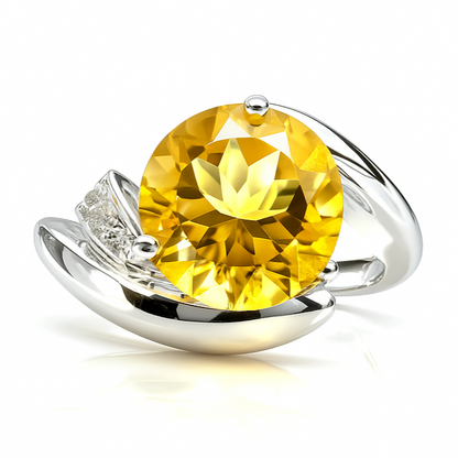 3.16 Ct Round Yellow Citrine and White Topaz Prong Silver Bypass Ring