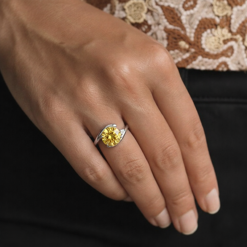 3.16 Ct Round Yellow Citrine and White Topaz Prong Silver Bypass Ring