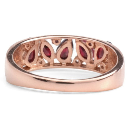 1.16 Ct Marquise and Pear Red Garnet and White Topaz Prong Silver Leaf Band Ring