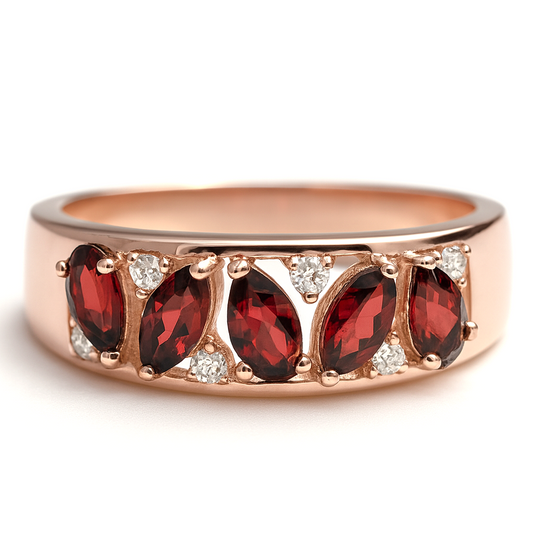 1.16 Ct Marquise and Pear Red Garnet and White Topaz Prong Silver Leaf Band Ring
