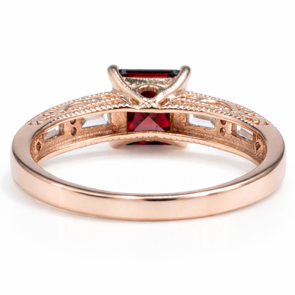 1.84 Ct Square Red Garnet and White Topaz Prong Silver Cocktail Ring