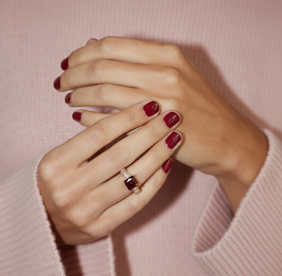 1.84 Ct Square Red Garnet and White Topaz Prong Silver Cocktail Ring