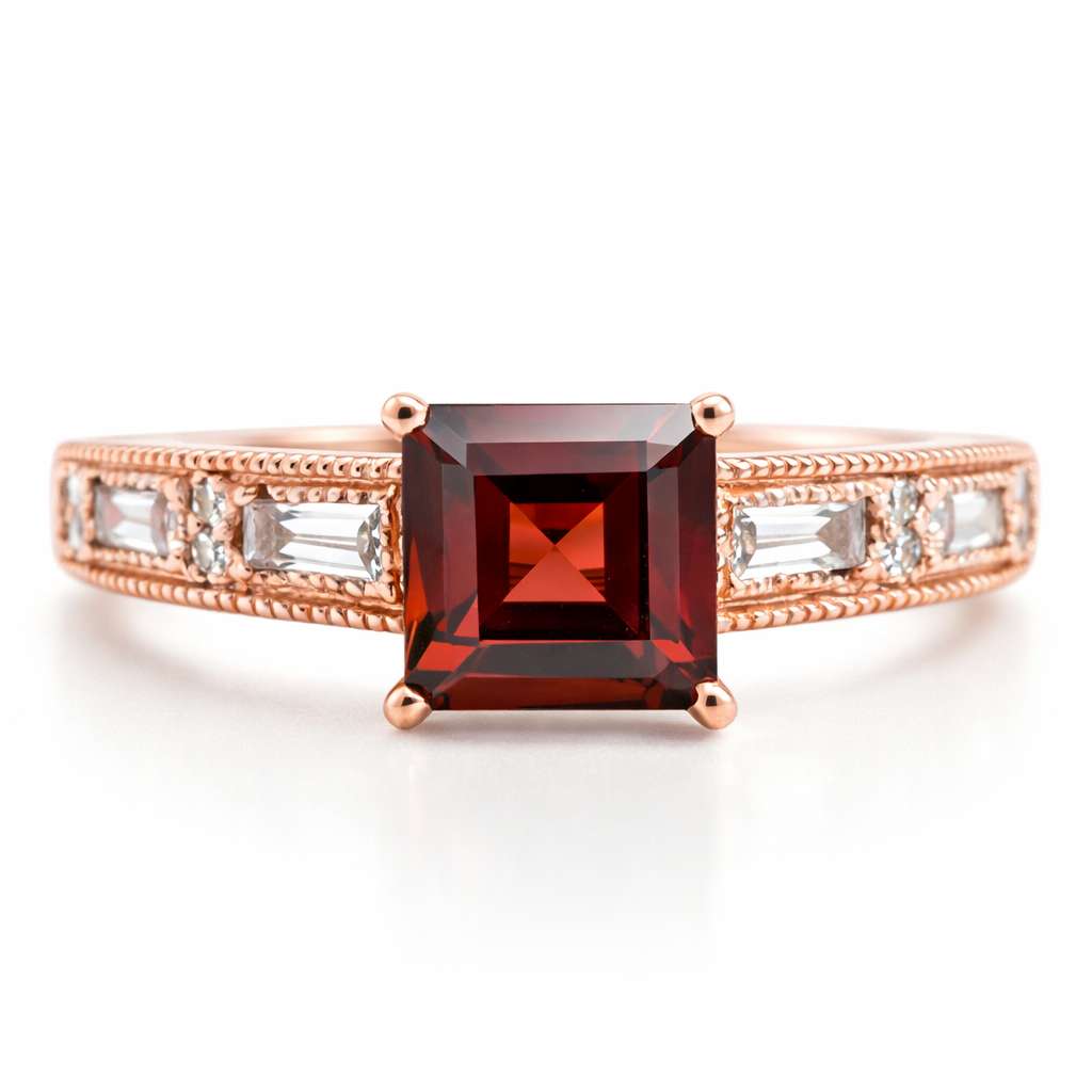 1.84 Ct Square Red Garnet and White Topaz Prong Silver Cocktail Ring