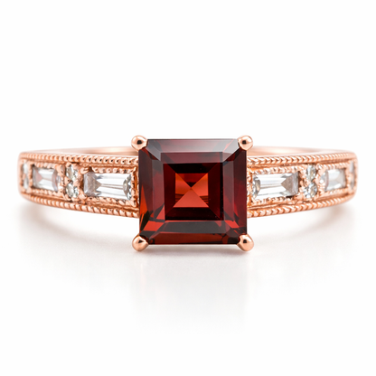 1.84 Ct Square Red Garnet and White Topaz Prong Silver Cocktail Ring