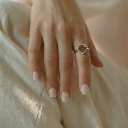 Natural Brown Quartz Sterling Silver Heart Halo Ring