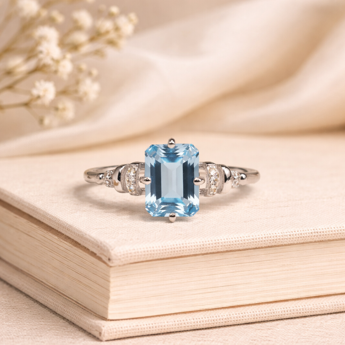 Natural Sky Blue Topaz Octagon Sterling Silver Pave Ring