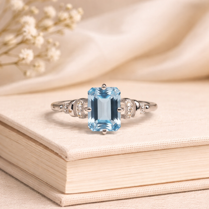 Natural Sky Blue Topaz Octagon Sterling Silver Pave Ring