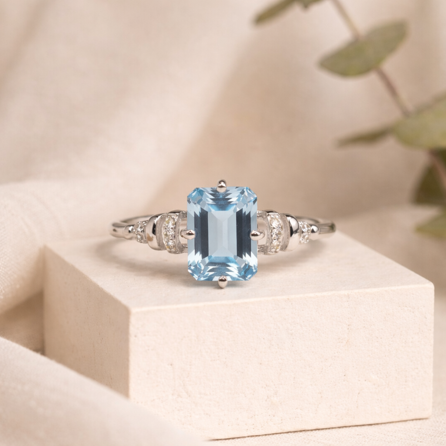 Natural Sky Blue Topaz Octagon Sterling Silver Pave Ring