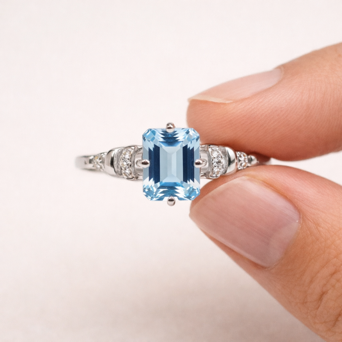 Natural Sky Blue Topaz Octagon Sterling Silver Pave Ring